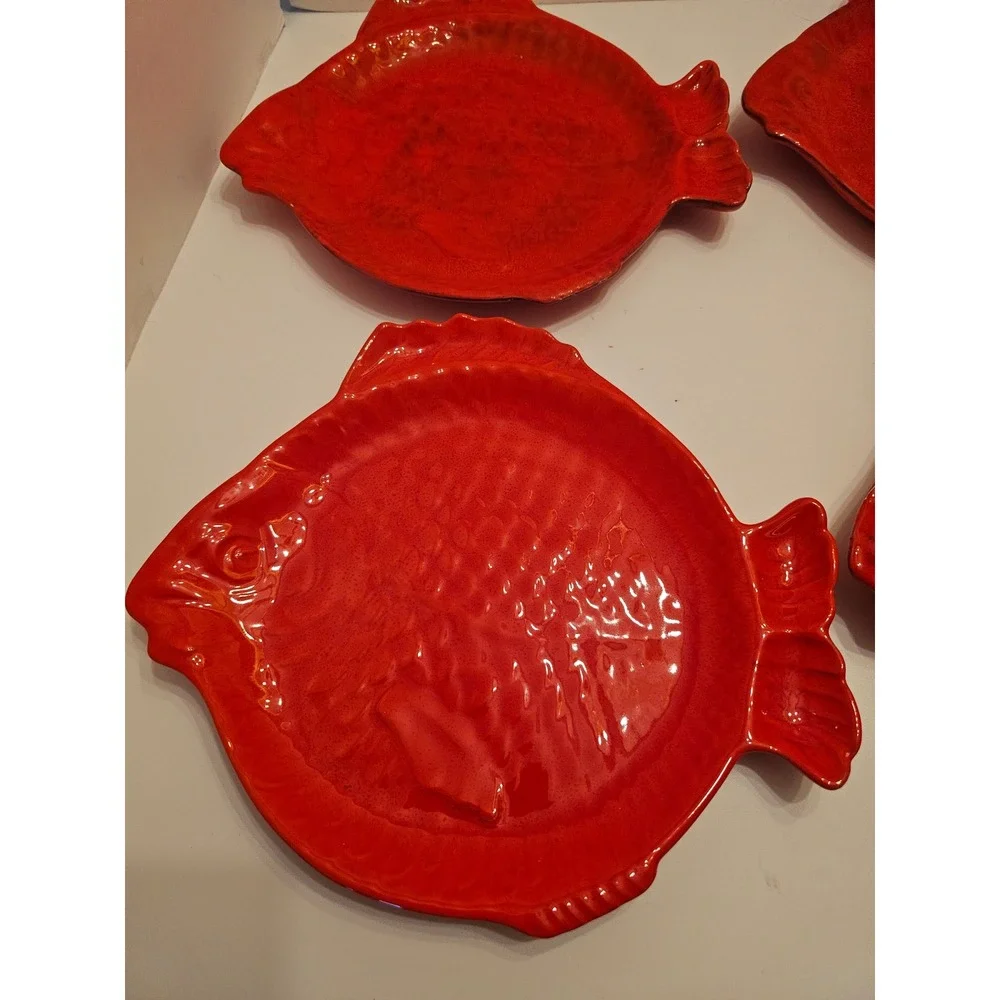 Vintage Holland Mold Red Ceramic Fish Plates S/4 MCM Nautical Signed‎ Pickle
